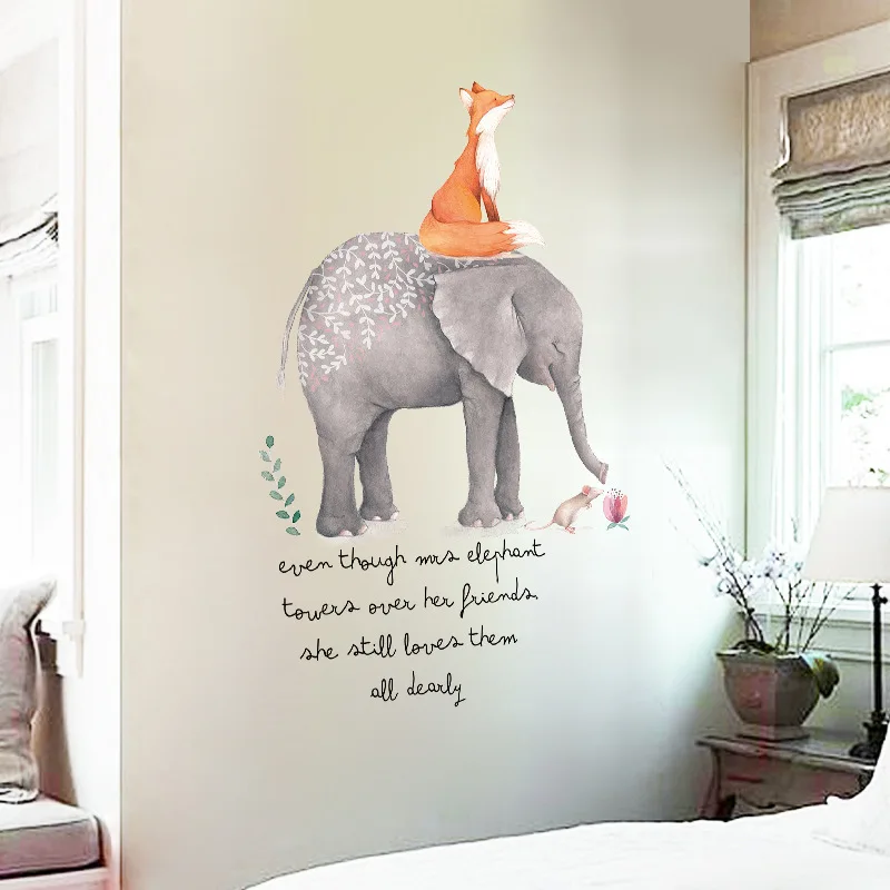 Hand Painted Style Cartoon Animals Wall Stickers Elephant Fox Art Decals for Living Room Bedroom Reading Room Picture Murals PVC