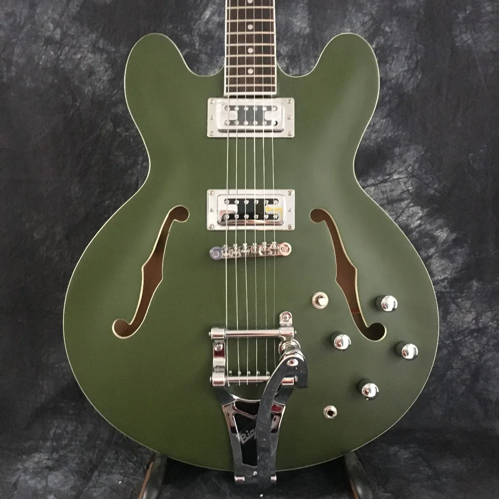 Wholesale matte green semi-hollow jazz electric guitar with vibrato system, rosewood fingerboard, customizable