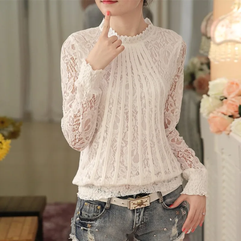  Gkfnmt New 2018 Autumn Women Blouses White Lace Blouse Plus Size Long Sleeve O-neck Korean Casual L