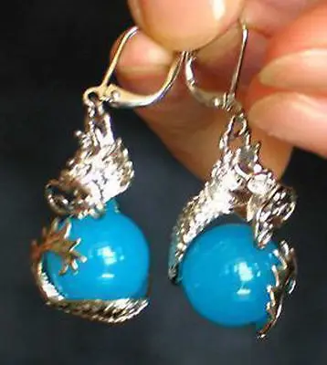 

Free shipping@@@@@ Natural blue jade silver dragon hook earrings 6.09