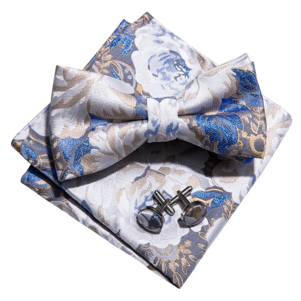 

LF-802 Barry.Wang Men`s Bowtie 100% Silk Blue Floral Fashion Butterfly Pocket Square Bow Ties For Men Wedding Business Party