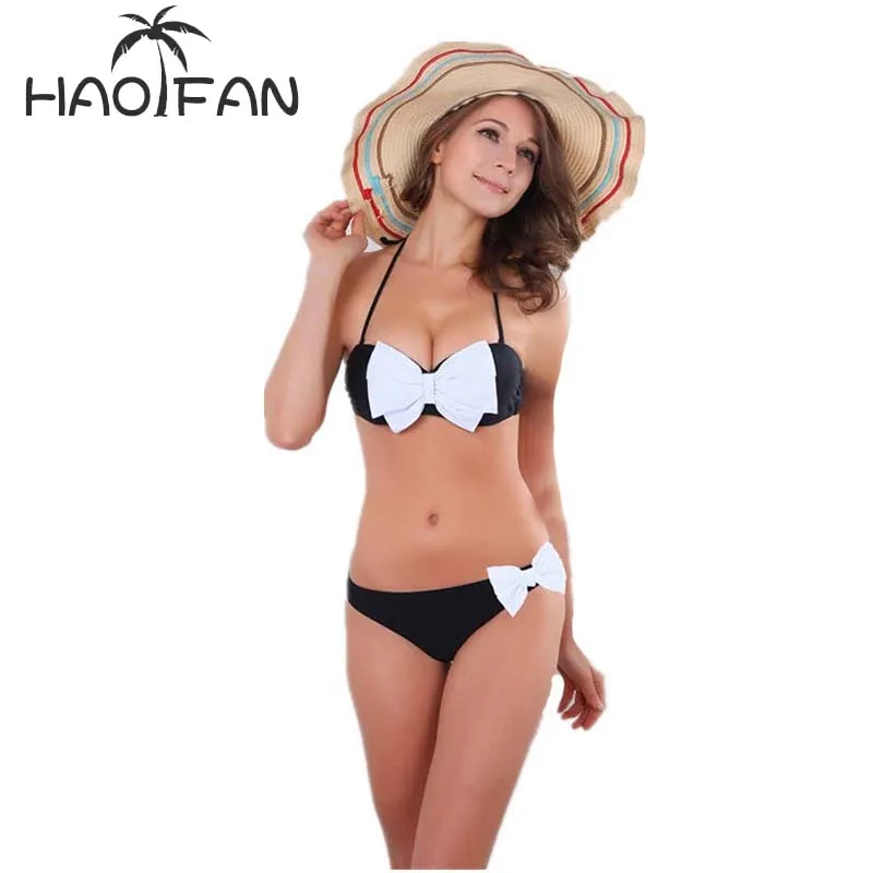 

HAOFAN 2018 Bow Patchwork Bikini Women Solid Swimsuits Dot Push Up Bikinis Female Lace Female Swimwear Summer Sexy Beachwear