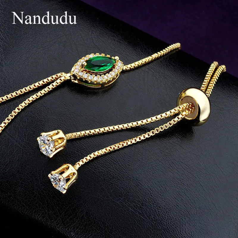Nandudu Регулируемый желтый ручной браслет цепочка зеленый кристалл с AAA циркон браслет на ладонь женские ювелирные изделия подарок R963