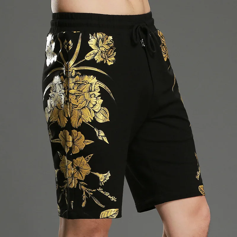 Мужские шорты с принтом, летние, фольгированные, с золотым цветком, повседневные шорты, мужские короткие спортивные штаны, хлопок, для бега, свободные, мужские короткие брюки