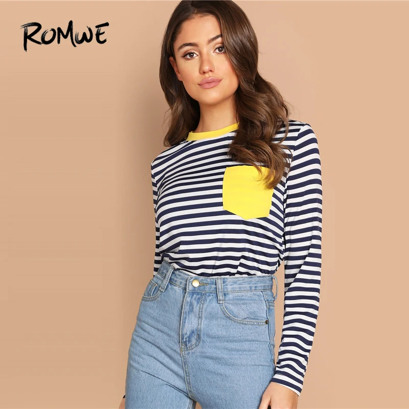 

ROMWE Pocket Patched Striped Tee 2019 New Fashion Spring Autumn Women T-shirt tops Round Neck Casual Long Sleeve T Shirt