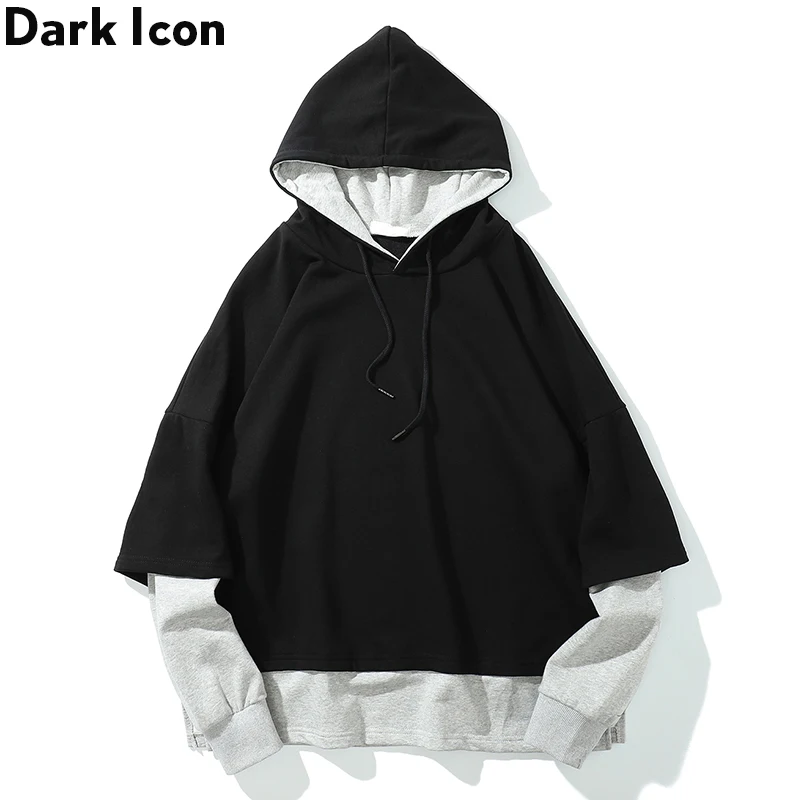 

Dark Icon Color Block Fake 2pcs Men's Hoodie Patchwork Hooded Men High Street Sweatshirts and Hoodies Men