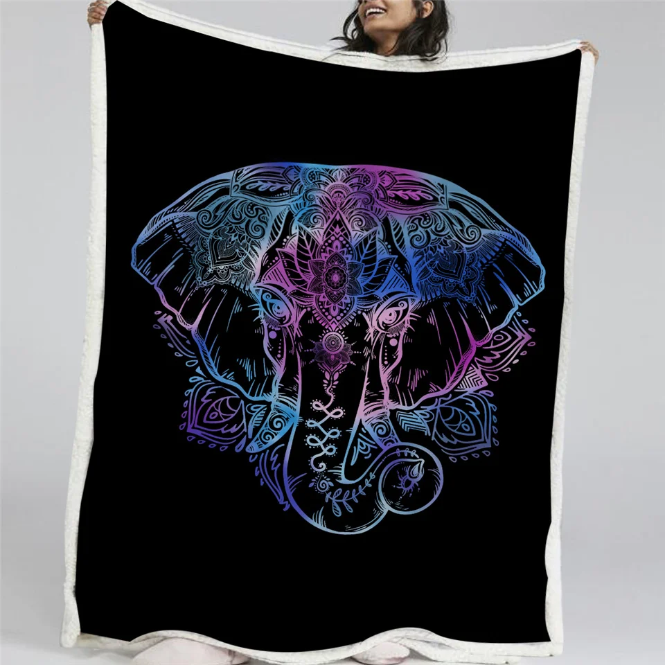 

BlessLiving Neon Elephant Blanket Mandala Lotus Sherpa Flannel Fleece Throw Blanket Reversible Soft Bedding for Adults Kids