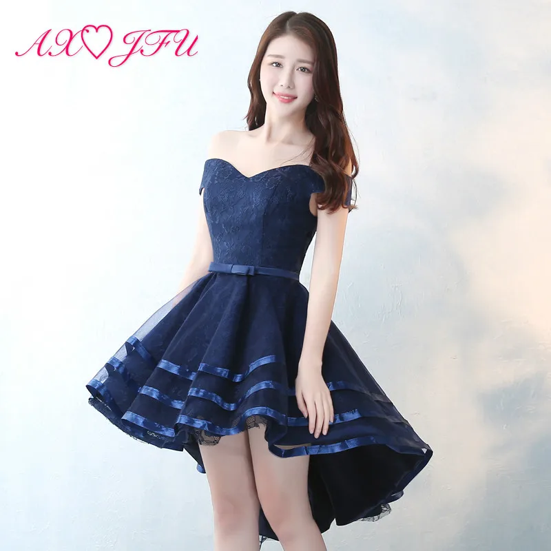 

AXJFU princess navy blue lace evening dress vintage boat neck high/low navy bow flower lace evening dress navy blue size 16