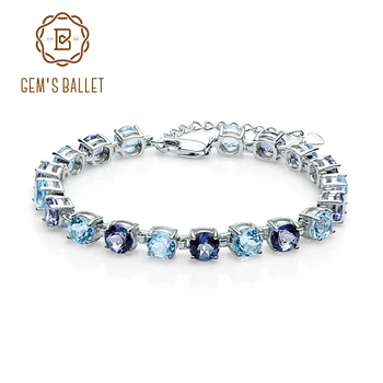 

GEM'S BALLET Stunning Round Natural Sky Blue Topaz Mystic Quartz 925 Sterling Silver Link Bracelet For Women Fine Jewelry