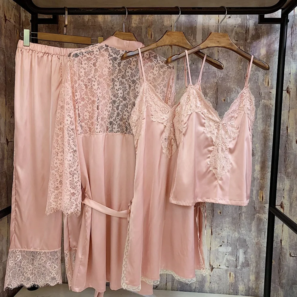 

Silk Pajamas For Women Satin Women Pajamas Sets Long Sleeves nightwear nightgown 4 piece set Top+Pants Women Silk Pajamas
