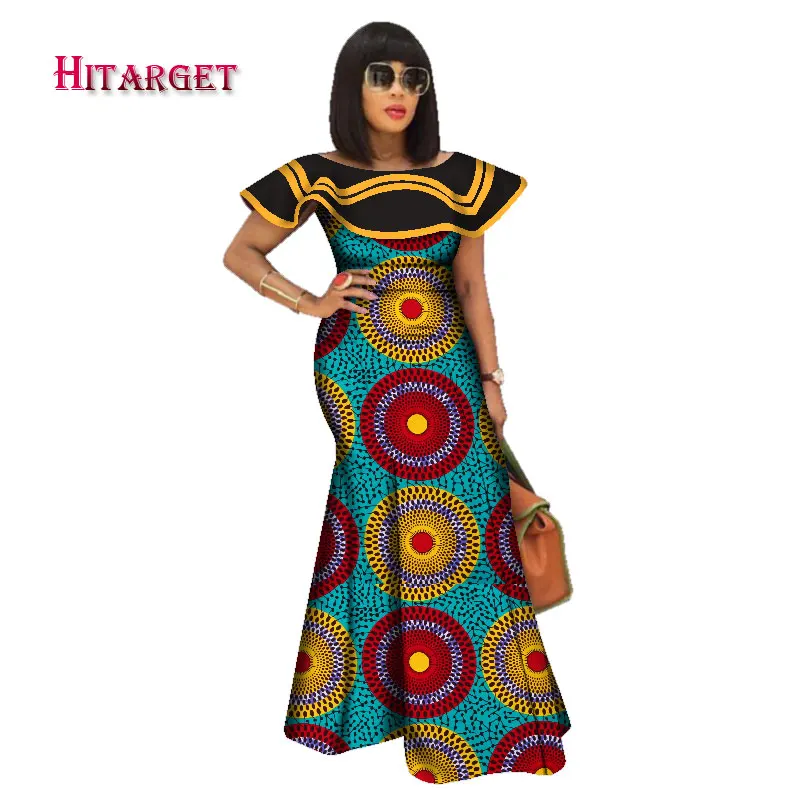 

Bazin Riche African Print Dresses for Women Splice Ruffle Neck Long Maxi Dresses Dashiki Plus Size African Women Clothing WY2550