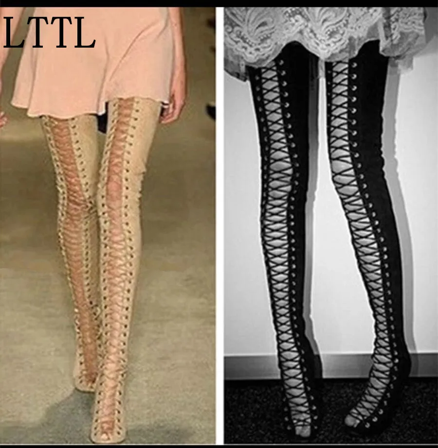 beautiful Sexy Women Thigh High Boots Peep Toe Suede Lace-up Women High Heel Boots Party Nightclub High Heels Gladiator Shoes