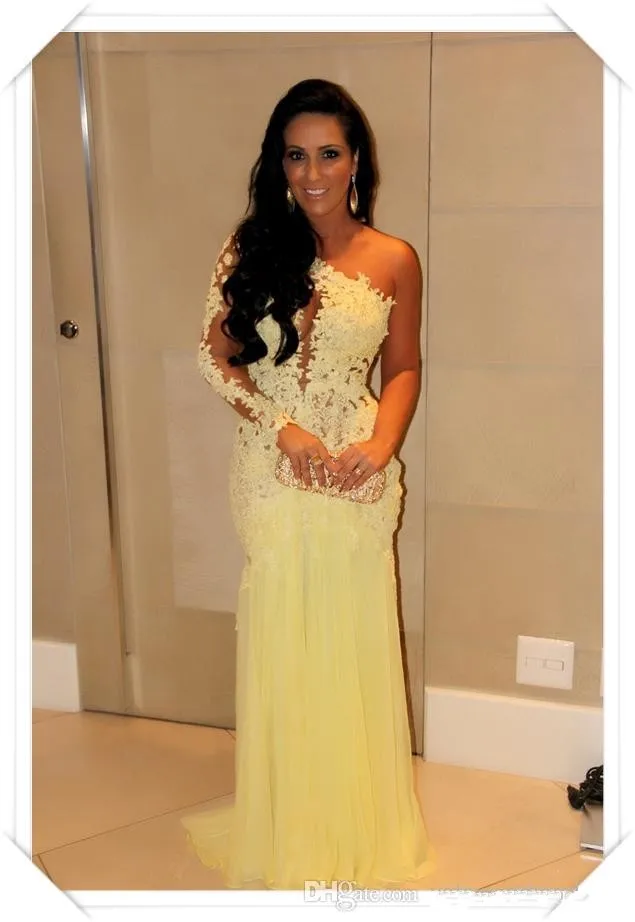 

2017 Oscar Yellow Mermaid Lace Long Sleeve Prom Dresses Sheer Chiffon One Shoulder Neckline Evening Gowns AS29