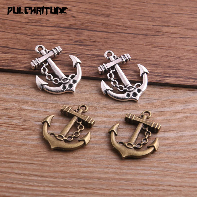 

PULCHRITUDE 10PCS 20*25mm Two Color Vintage Metal Zinc Alloy Steampunk Anchor Charms Fit Jewelry Pendant Charms Makings P6658