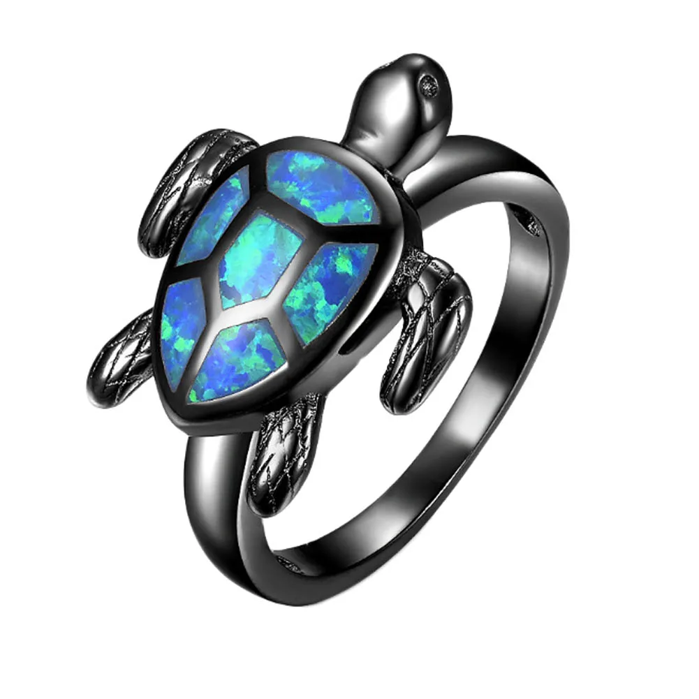 

Unique Turtle Blue Fire Opal Animal Rings For Women Wedding Band Fashion Jewelry Vintage Black Gold Filled Cocktail Ring RB1034