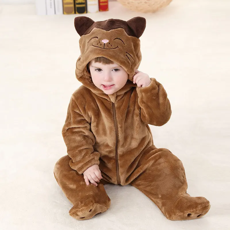 Цельная модная одежда для маленьких мальчиков и девочек фланелевый новорожденный Детский комбинезон весна-осень, детские комбинезоны с длинными рукавами в стиле животных - Цвет: Коричневый