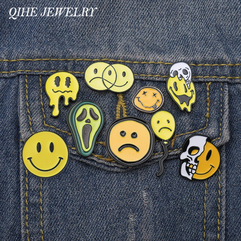 

QIHE JEWELRY Emoji Lapel Pins Yellow/Black Smiley Faces Pins Skull Avocado Sad Face Ghost Enamel Pin Brooches for Men Women