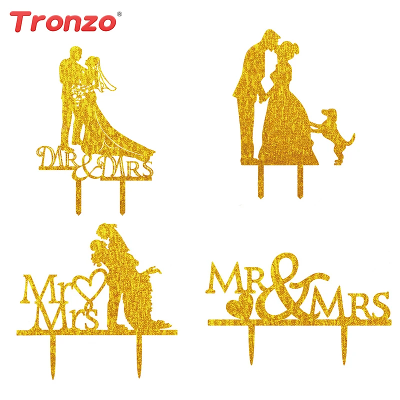 

2016 New Mr and Mrs Wedding Cake Topper Acrylic Golden Shining Birde Groom Wedding Decoration