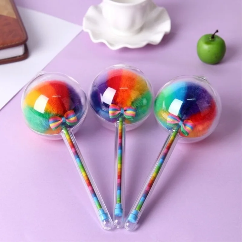 

Cute 0.5mm Plastic Gel Pen Colorful Rainbow Plush Pen Fountain Signing Black Ink Color Pen Office School Pencil Lollipop Bow Tie