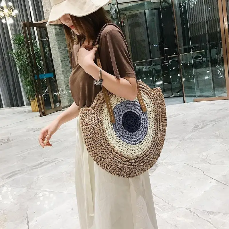 

Hit Color Straw Weaving Shoulder Handbags Summer Beach Women Casual Top-handle Bags Large Capacity Shopping Totes 2019 New