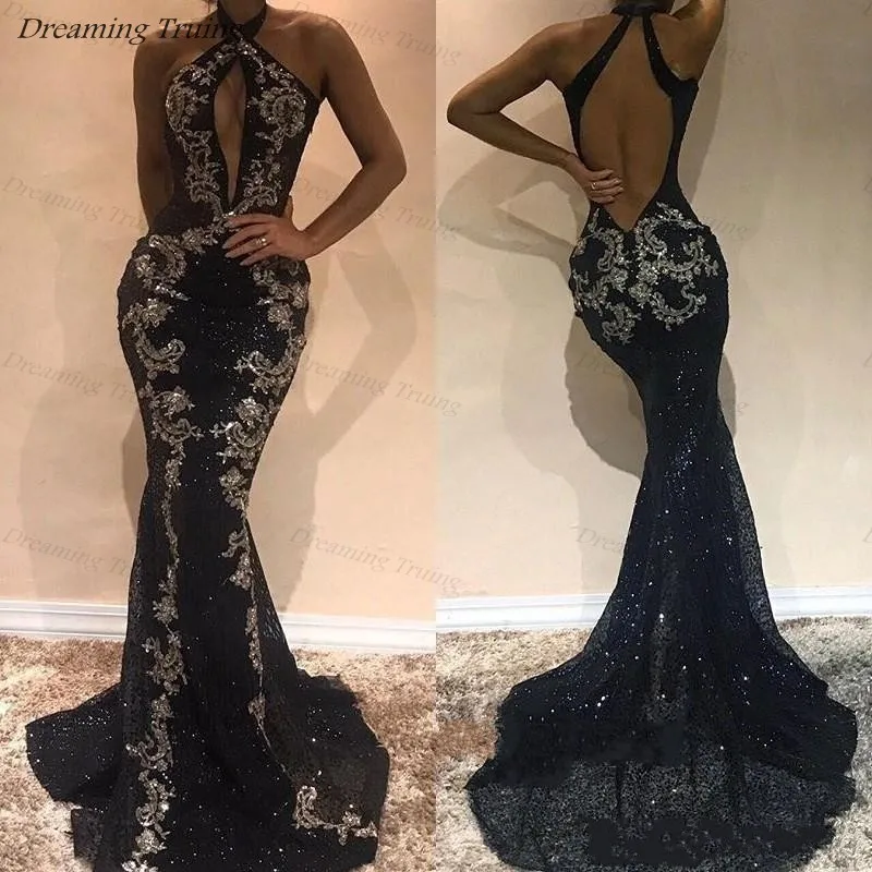 black glitter prom dress
