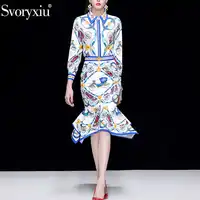 Svoryxiu Autumn Runway Elegant Mermaid Skirt Suit Women's Chic Crystal Beading Vintage Printed Female Office Lady Two Piece Set