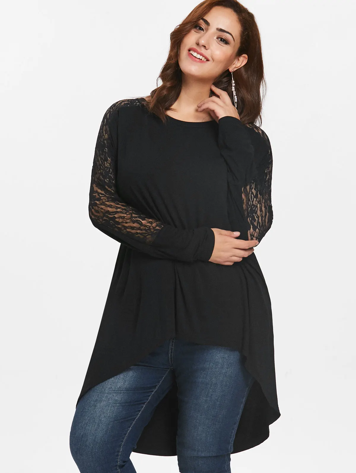 

Wipalo Halloween Plus Size 5XL Lace High Low T-Shirt Fall Winter O Neck Long Sleeve Casual Tee 2018 Women Top Clothing Big Size