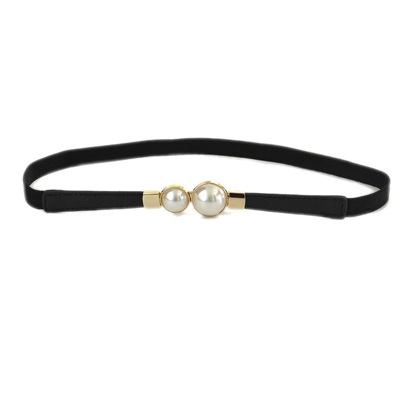 

Women's Elastic Stretch Belt Dress Thin Waistband Pearl Buckle Ladies Jeans Narrow Belt Black White High Quality Cinturon Mujer