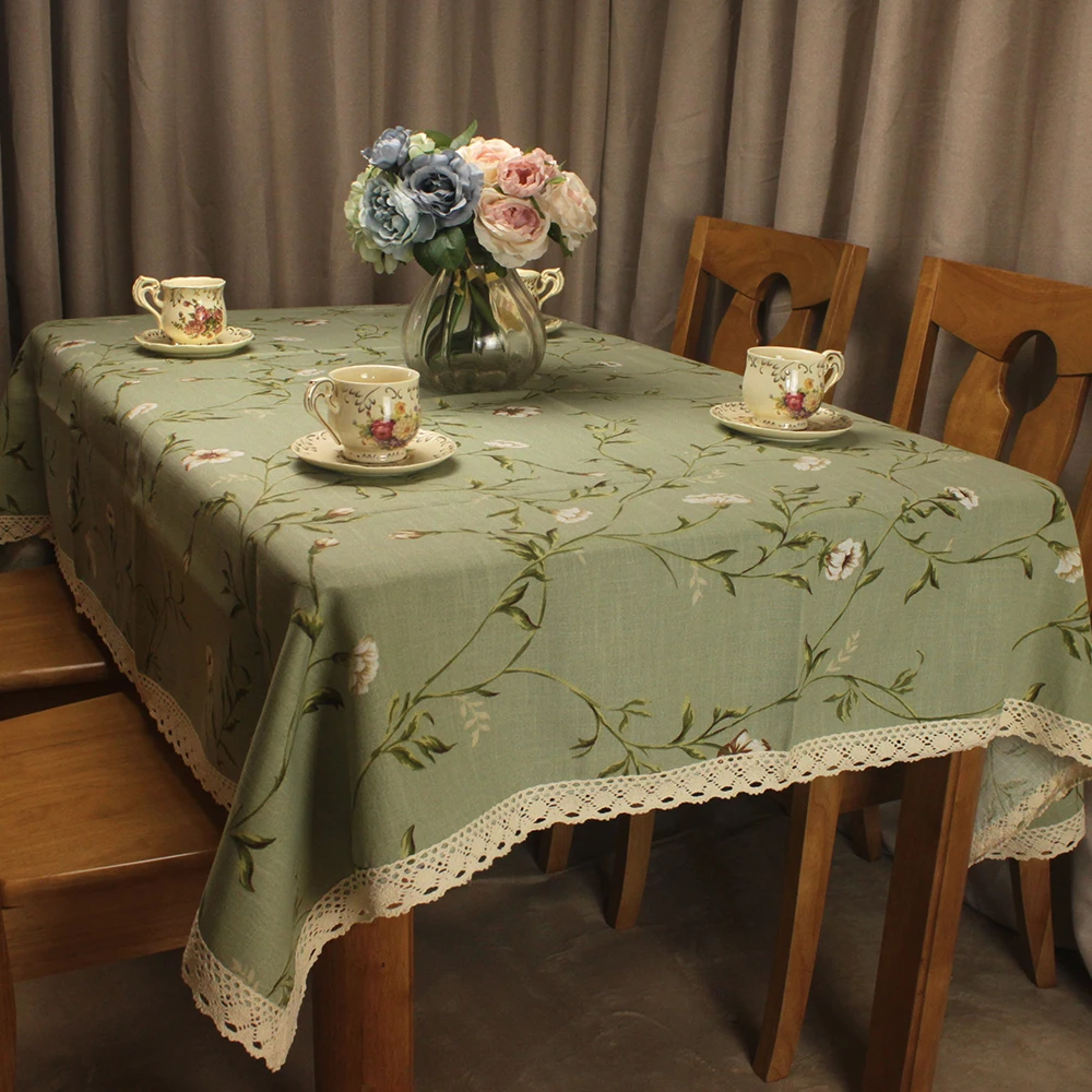 

CURCYA Household Linen Multiple Uses Green Tablecloth Vintage American Style Country Flowers Thick Table Cloth Covers