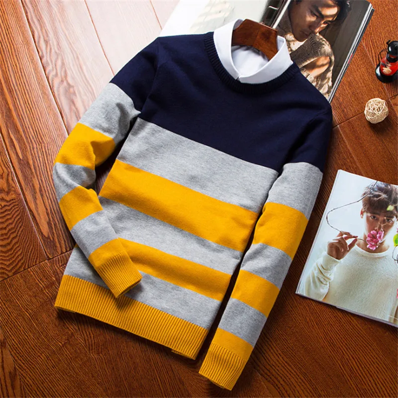 Mens Sweater New Autumn Winter Clothing Men's Sweaters Stripe Slim Fit Pullover O Neck Knitted Sweater Jacket Sueter Hombre