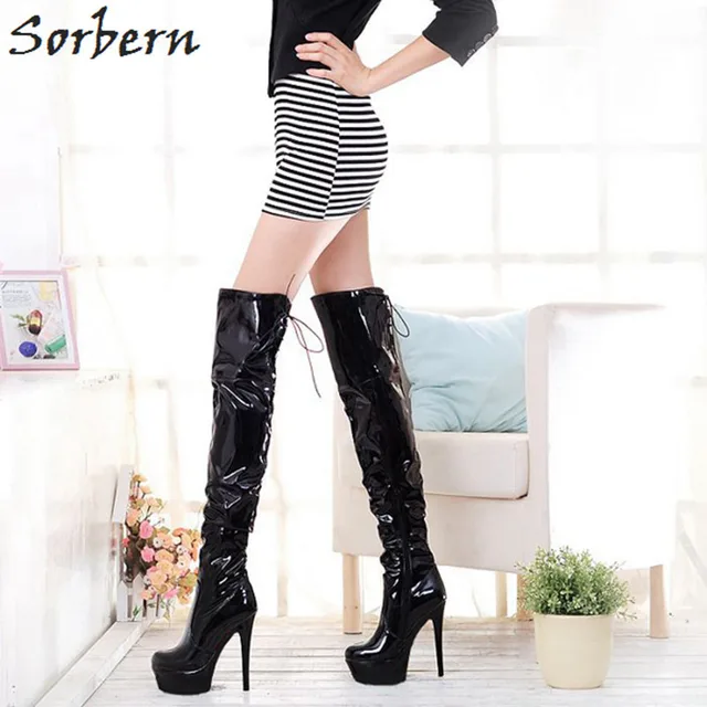 Sorbern Black Shiny Stretch Thigh High Boots Women'S Lace Up Boot Sexy