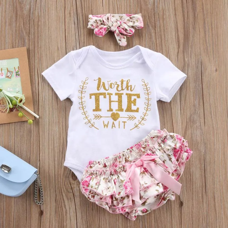 

MUQGEW 3PCS/Set Cute Newborn Baby Girl Clothes Worth The Wait Baby Bodysuit Romper+Ruffles Tutu Skirted Shorts Headband Outfits