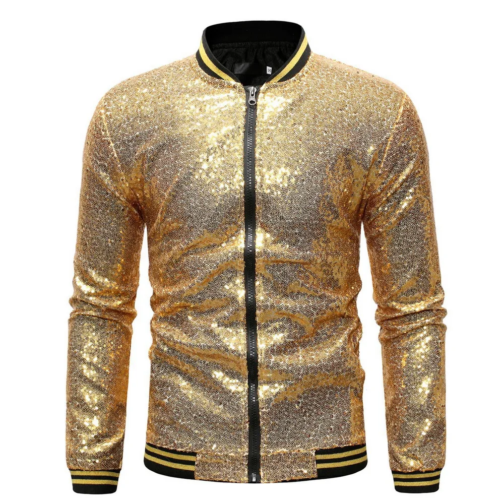 Laamei Men Shiny Jacket Gold Sequin Glitter Suit Jackets Male Solid Zipper DJ Stage
