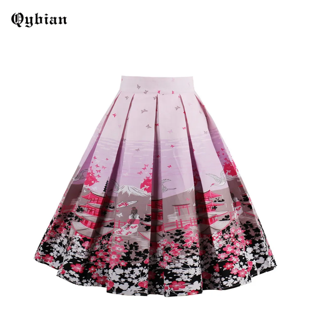 Qybian 2017 мода Faldas в японском стиле цветы ретро архитектура юбки женские летние Юп Высокая талия пачка плиссированная юбка