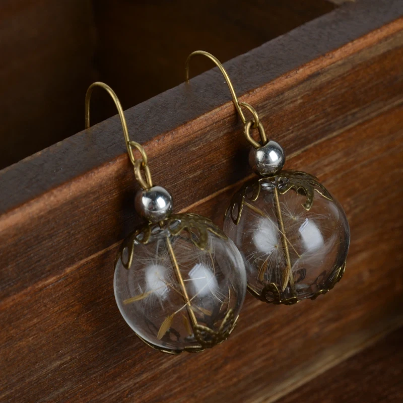 

Shellhard Vintage Hollow Bronze Dangle Earrings For Women Classic Dandelion Seed Flower Round Wish Glass Bijouterie Jewelry