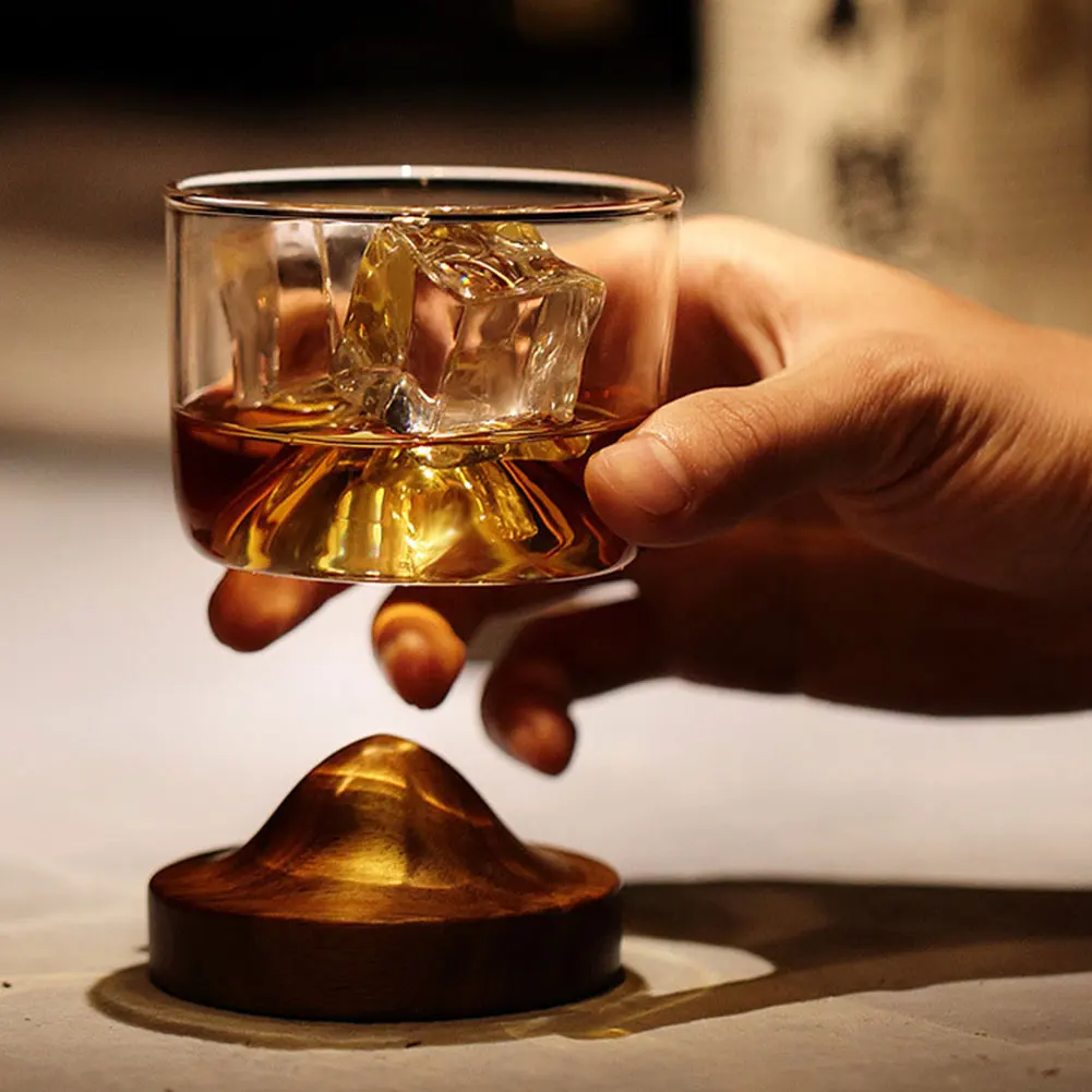 Стеклянная чашка для виски с деревянной основой в японском стиле, портативная горная деревянная Нижняя бокала для вина, чайная кофейная чашка для дома, бара, офиса
