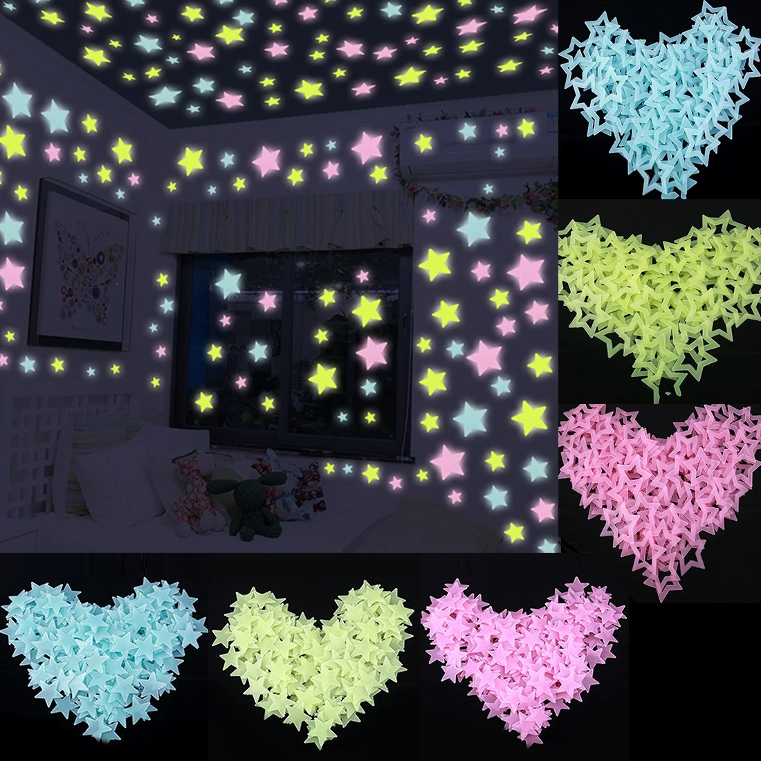 100 шт 3D звезды светится в темноте наклейки на стену светящиеся флуоресцентные наклейки на стену для детей Детская комната Спальня Декор для потолка
