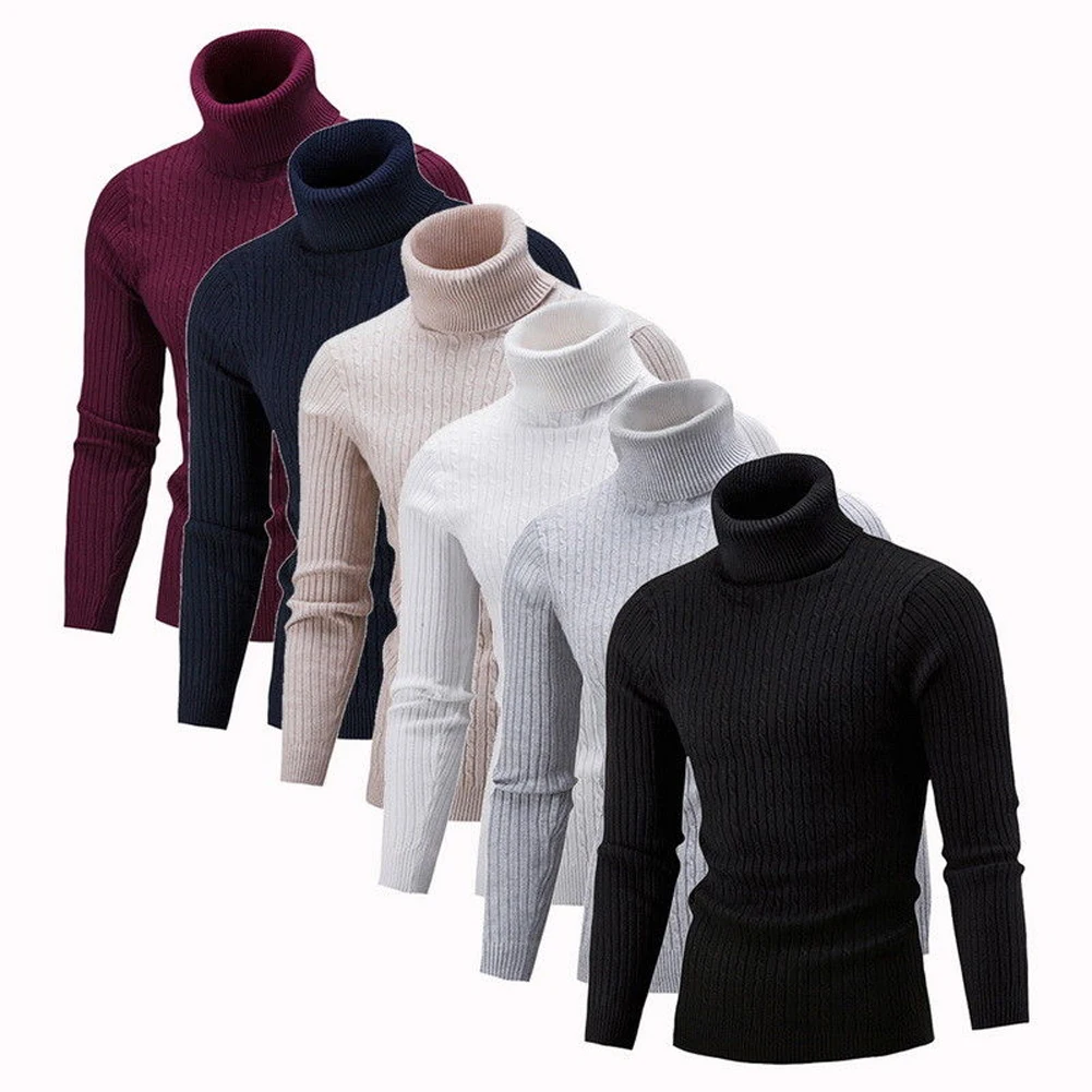 Мужской зимний вязаный пуловер с высокой горловиной, свитер, джемпер, однотонные топы, трикотаж