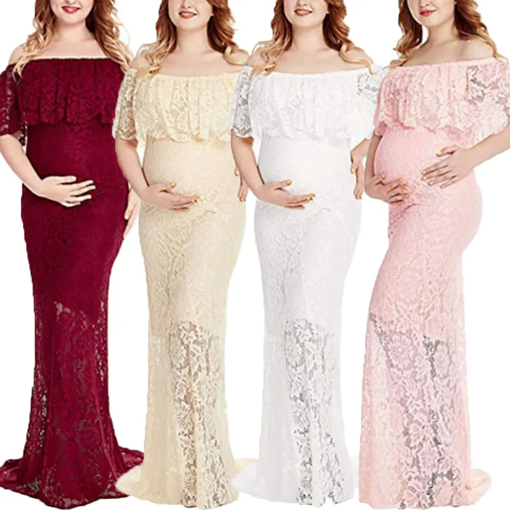 Платье для беременных, новое женское кружевное платье макси с открытыми плечами, платье для беременных и матерей после родов, одежда