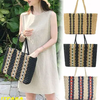 

2019 Newest Hot Fashion Women Boho Rattan Straw Woven Panelled Handbag Tote Shoulder Bag Summer Beach Style Straw Wicker Bag