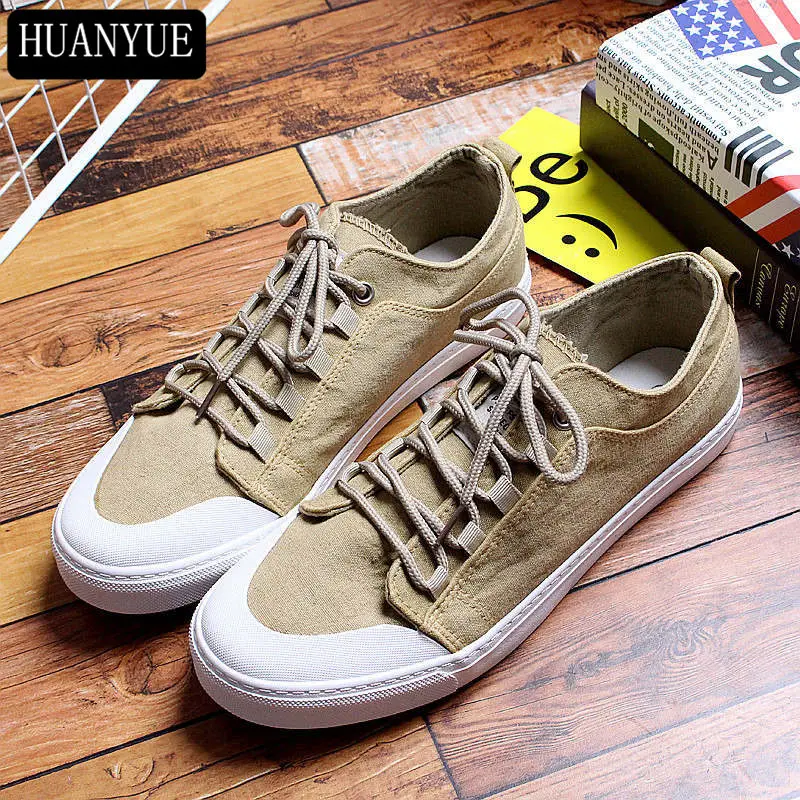 Solid Khaki Black Canvas Shoes Men Sneakers Casual Shoes 2018 New Fashion Men's Flats Lace Up Breathable Leisure Walking Spring