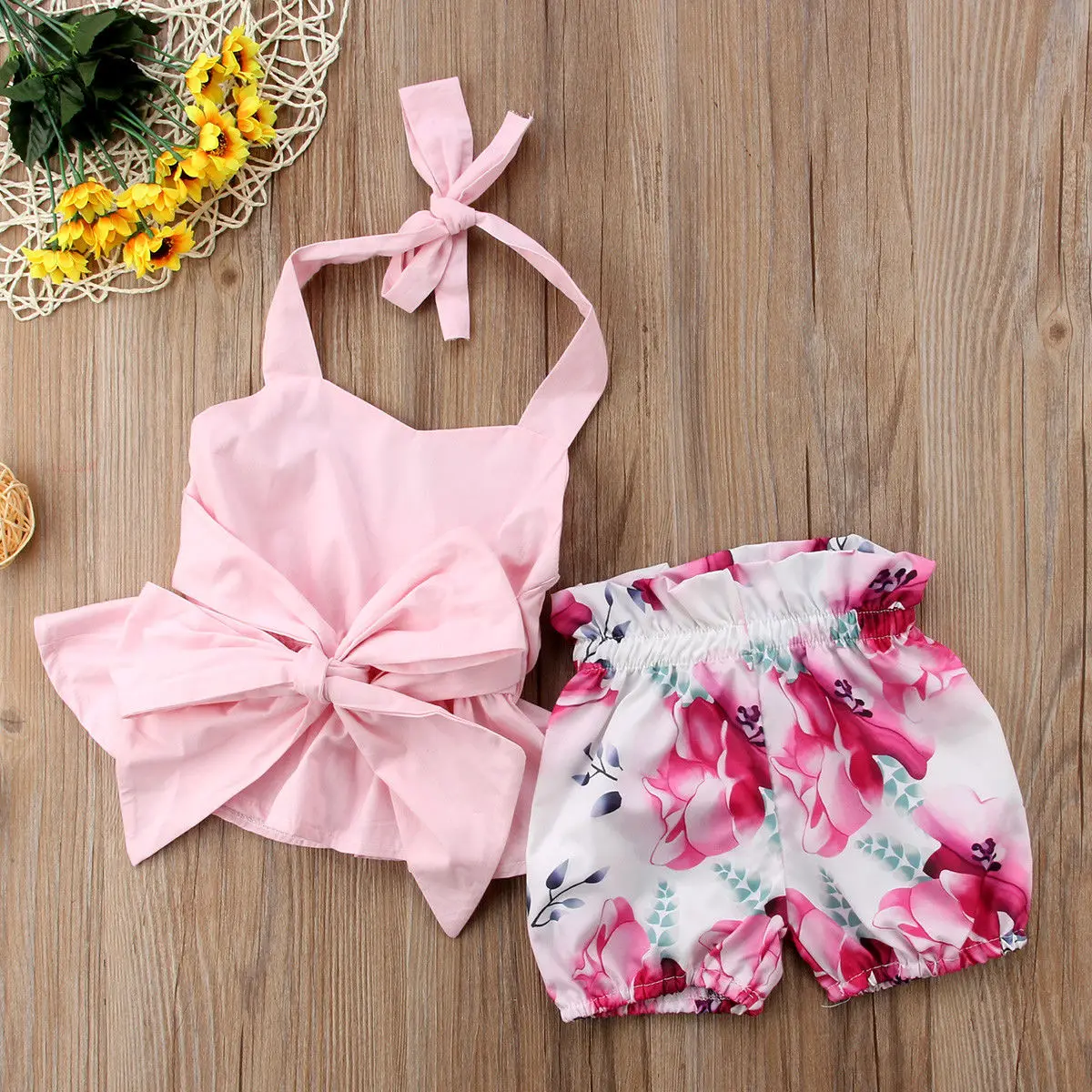 Headband ZIYOYOR Kids Girls Summer Pink 3Pcs Outfit Set Stripe Off Shoulder Top+Hole Leggings