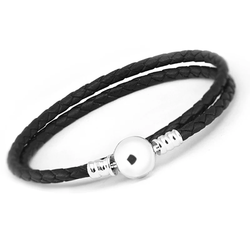 Аутентичные стерлингового серебра 925 круглая застежка очаровательные браслеты для женщин 925 серебряный черный кожаный браслет Pulseira Feminina