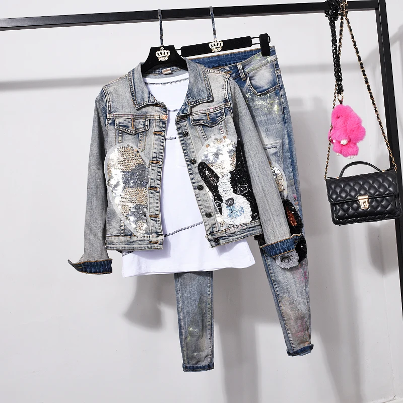 

Women's sets 2019 new spring stylish women cartoon sequin denim coat jeans suits woman large size cowboy pants 2 piece sets