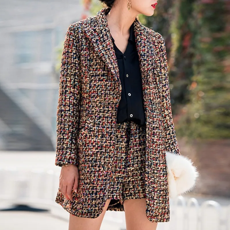 

Hot Sale 2019 Brand Runway Tweed Set Turn-Down Collar multicolor Plaid Long Coat and short pant Set for Women 2 piece shorts Set