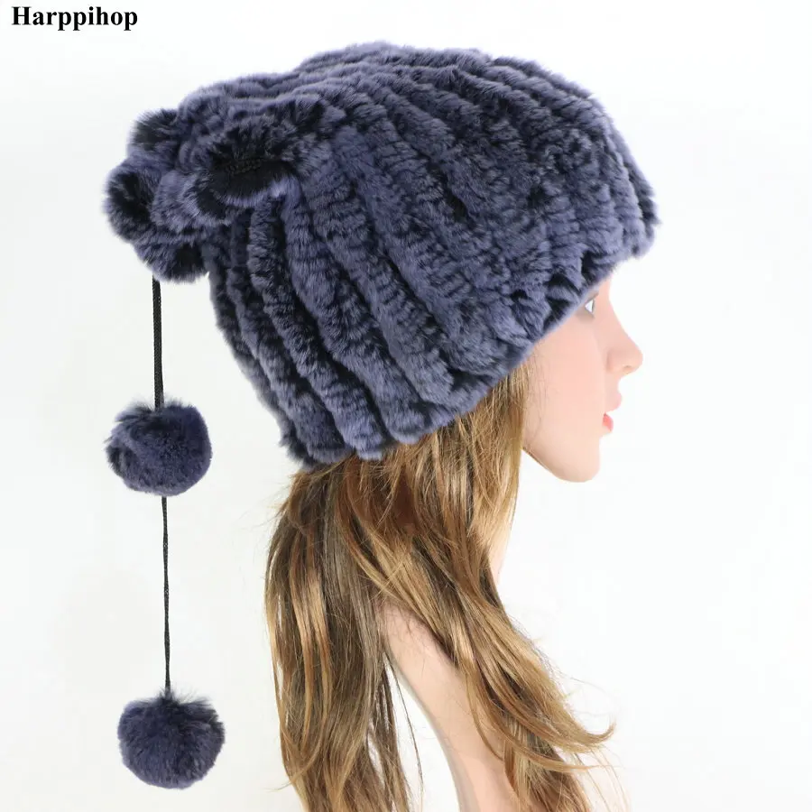 

Winter Fur Caps Hats Beanies For Women Sew Stripes Real Rex Rabbit Fur Hat Cap scarf Female Soft Warm Natural Fur Beanies Ladies
