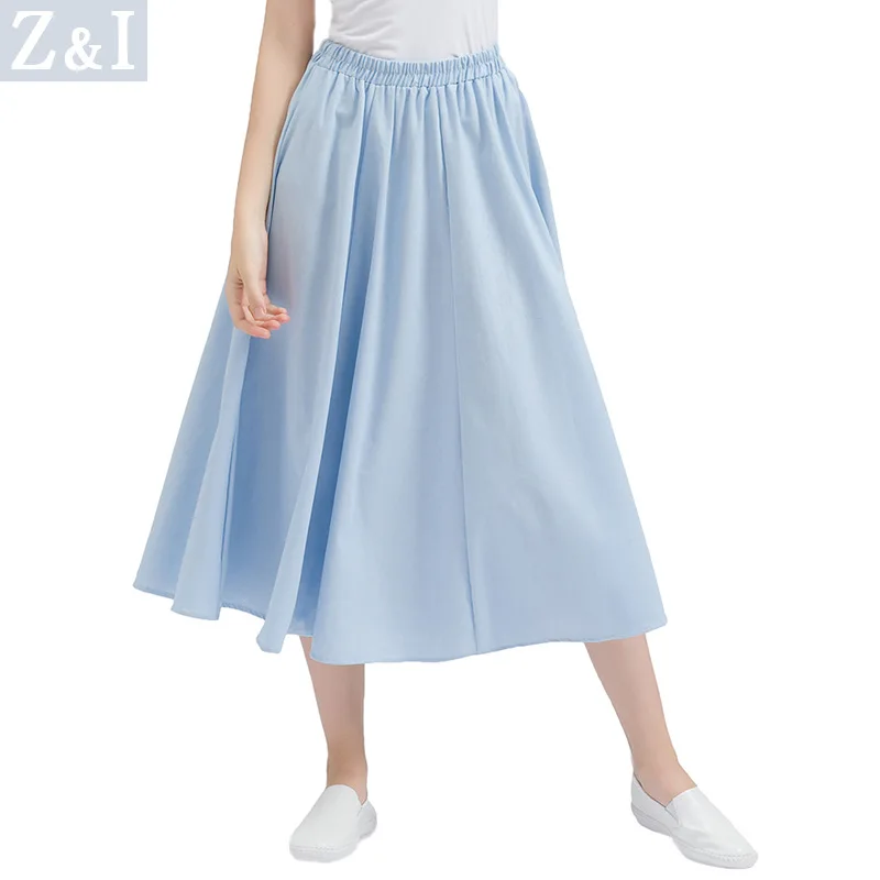 Летняя новая юбка женский чистый цвет, для отдыха эластичная талия хлопок конопляная Повседневная Половина Длина большая плиссированная юбка
