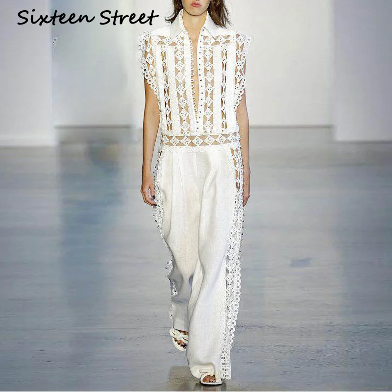 

New Woman Jumpsuits & Rompers white color sleeveless turn-down collar Runway hollow Long Rompers ladies Summer