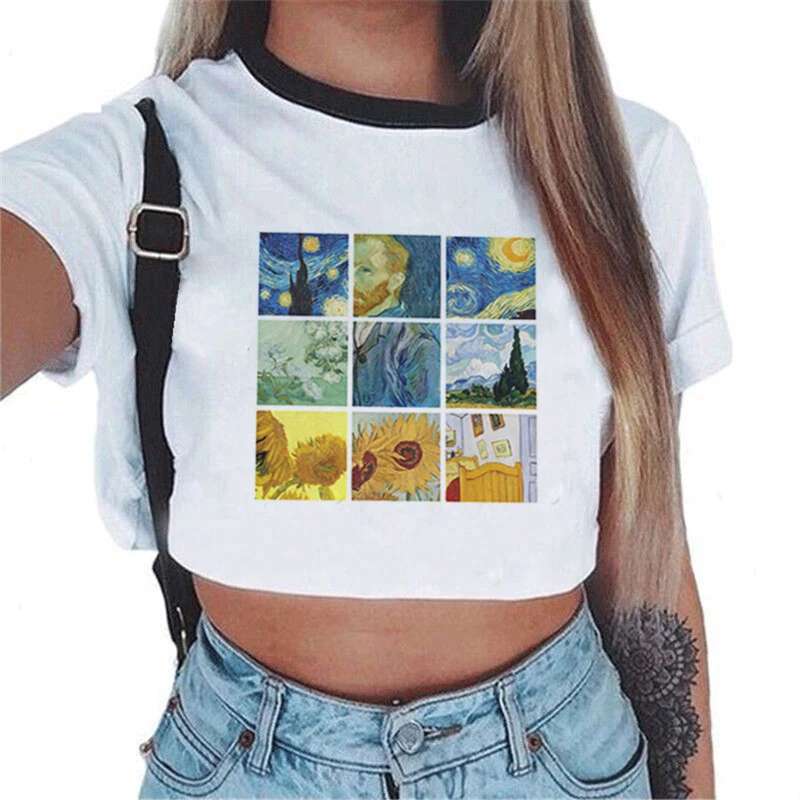 

White Van Gogh Print Summer Casual Harajuku Girls Short Sleeve Tshirt Crop Top Kawaii Women Tee Cute T Shirt Fashion Femme