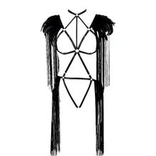 Комплект нижнего белья с перьями и эполеткой, сексуальный бюстгальтер в клетку, фетиш, на груди, с ремнем, с кисточками, регулируемые топы, открытые, готические, танцевальные, Рейв